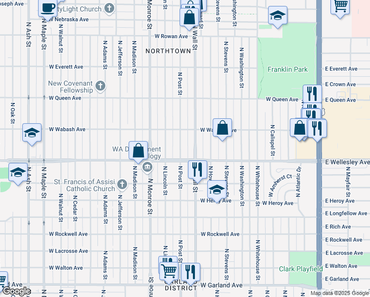 map of restaurants, bars, coffee shops, grocery stores, and more near 4724 North Post Street in Spokane