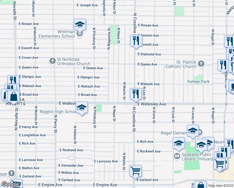 map of restaurants, bars, coffee shops, grocery stores, and more near 4779 North Napa Street in Spokane