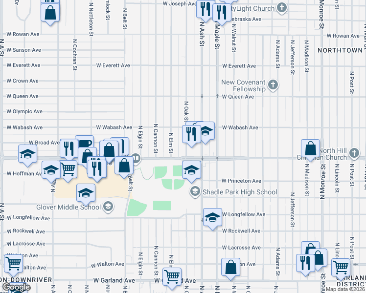 map of restaurants, bars, coffee shops, grocery stores, and more near 4723 North Oak Street in Spokane