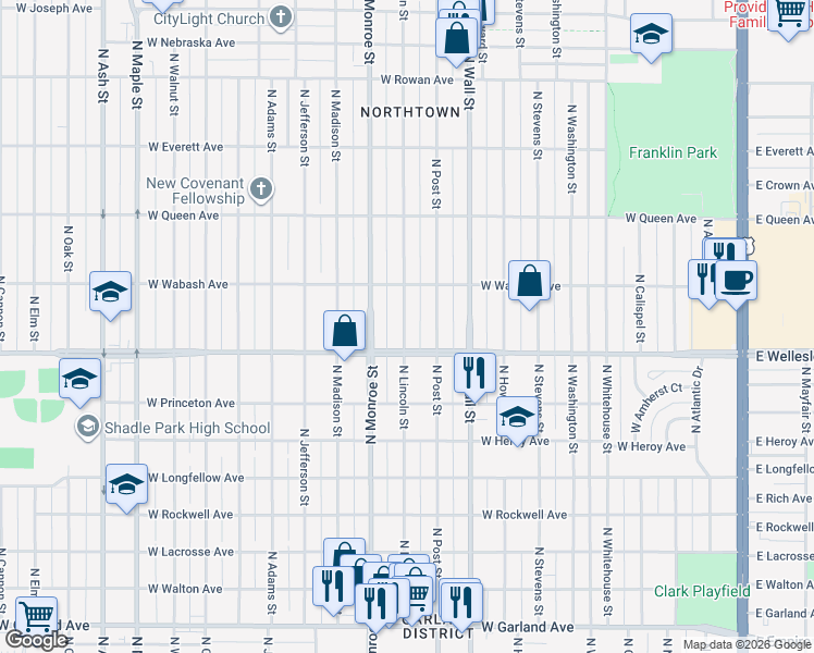 map of restaurants, bars, coffee shops, grocery stores, and more near 4726 North Lincoln Street in Spokane