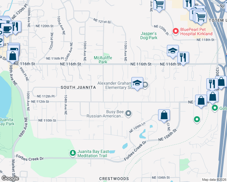 map of restaurants, bars, coffee shops, grocery stores, and more near 11227 109th Avenue Northeast in Kirkland