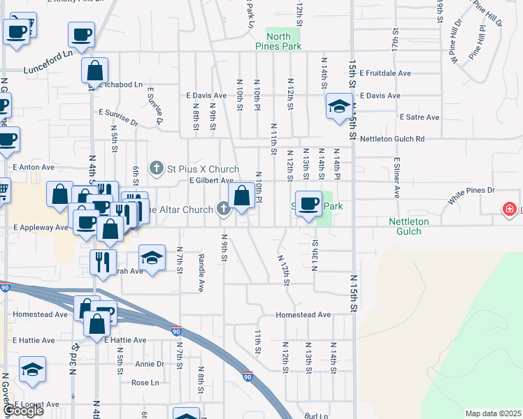 map of restaurants, bars, coffee shops, grocery stores, and more near 2616 North 10th Place in Coeur d'Alene