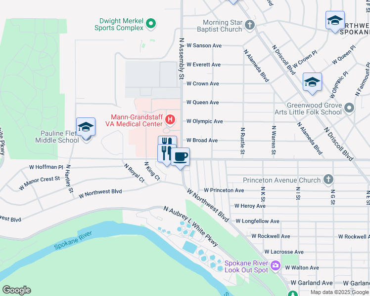 map of restaurants, bars, coffee shops, grocery stores, and more near 4718 North Assembly Street in Spokane