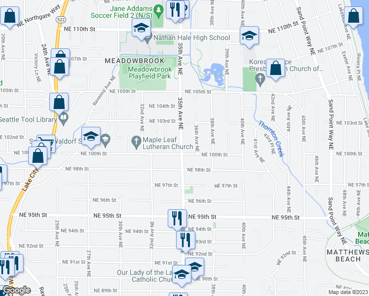 map of restaurants, bars, coffee shops, grocery stores, and more near 10008 35th Avenue Northeast in Seattle