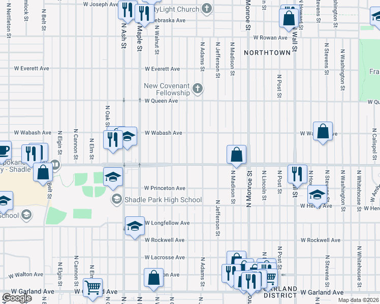 map of restaurants, bars, coffee shops, grocery stores, and more near 4724 North Hawthorne Street in Spokane