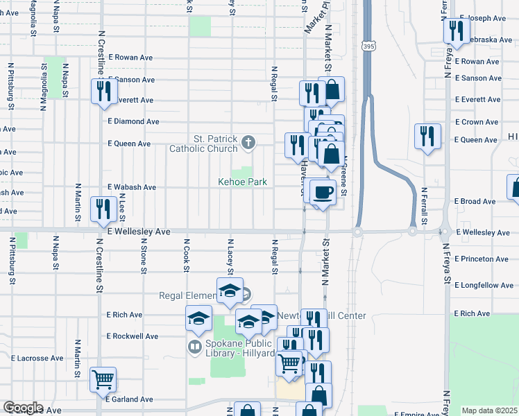 map of restaurants, bars, coffee shops, grocery stores, and more near 4804 N Nelson St in Spokane