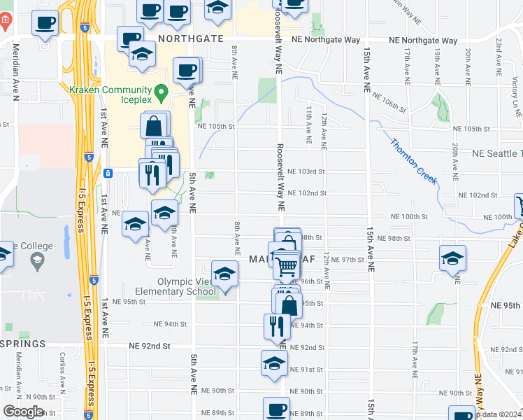 map of restaurants, bars, coffee shops, grocery stores, and more near 834 Northeast 100th Street in Seattle