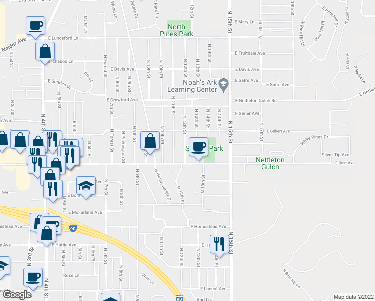 map of restaurants, bars, coffee shops, grocery stores, and more near 2620 North 12th Street in Coeur d'Alene