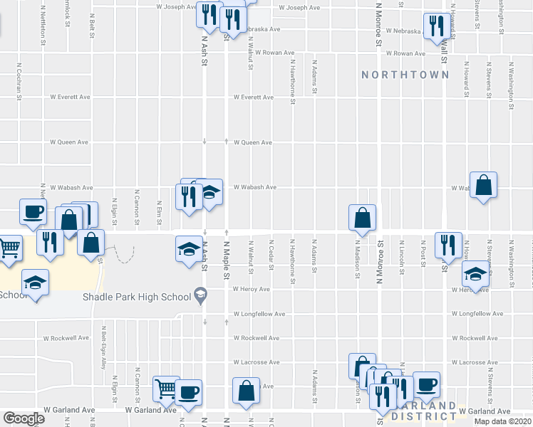 map of restaurants, bars, coffee shops, grocery stores, and more near 4724 North Cedar Street in Spokane