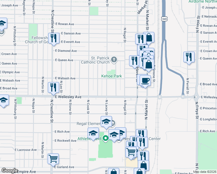 map of restaurants, bars, coffee shops, grocery stores, and more near 4804 North Lacey Street in Spokane