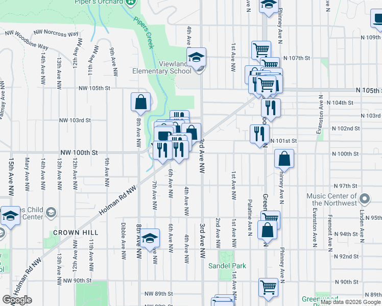 map of restaurants, bars, coffee shops, grocery stores, and more near 9761 3rd Avenue Northwest in Seattle
