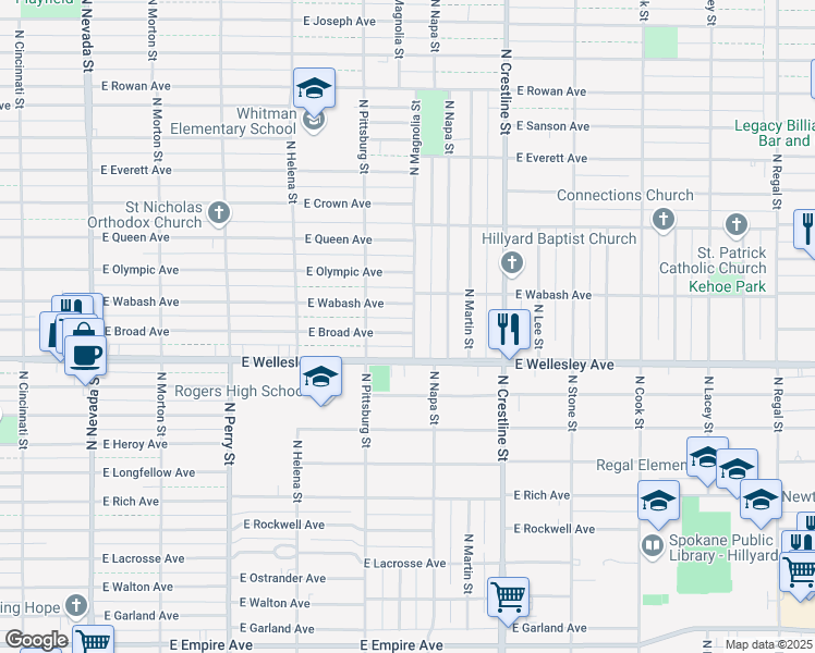 map of restaurants, bars, coffee shops, grocery stores, and more near 1739 East Broad Avenue in Spokane