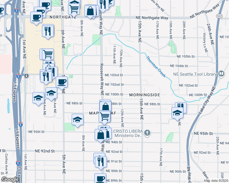 map of restaurants, bars, coffee shops, grocery stores, and more near 1040 Northeast 100th Street in Seattle