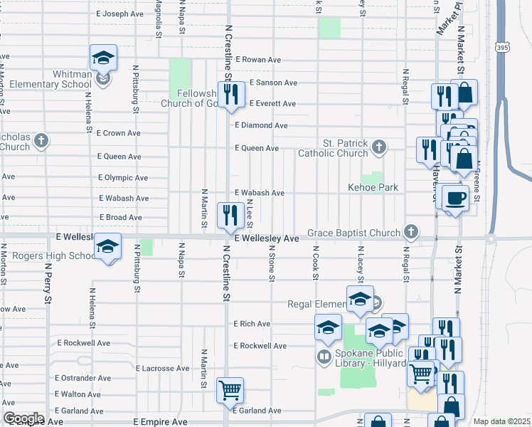 map of restaurants, bars, coffee shops, grocery stores, and more near 4803 N Stone St in Spokane