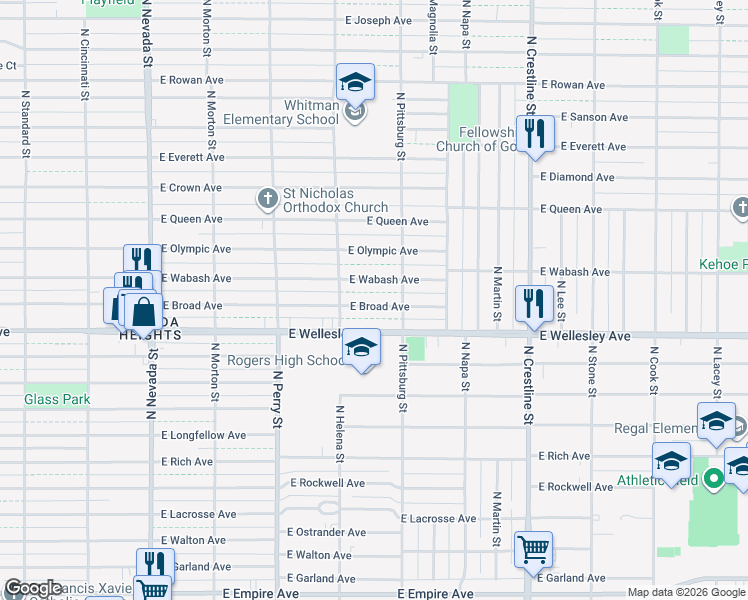 map of restaurants, bars, coffee shops, grocery stores, and more near 1633 East Broad Avenue in Spokane
