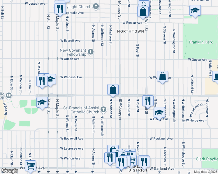 map of restaurants, bars, coffee shops, grocery stores, and more near 4727 North Madison Street in Spokane