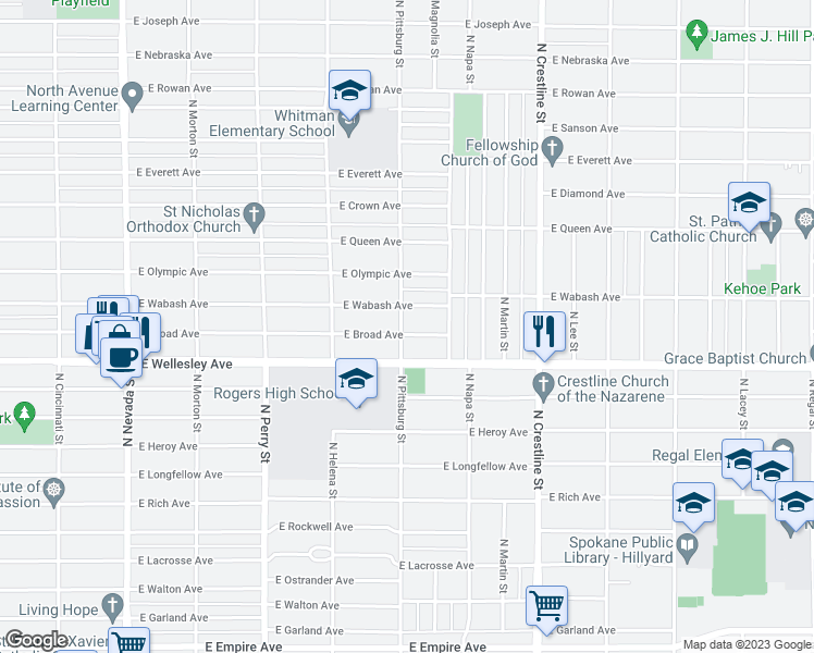 map of restaurants, bars, coffee shops, grocery stores, and more near 1703 East Broad Avenue in Spokane