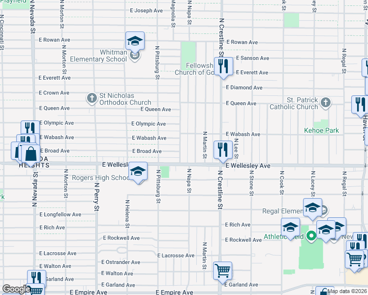 map of restaurants, bars, coffee shops, grocery stores, and more near 1739 East Broad Avenue in Spokane