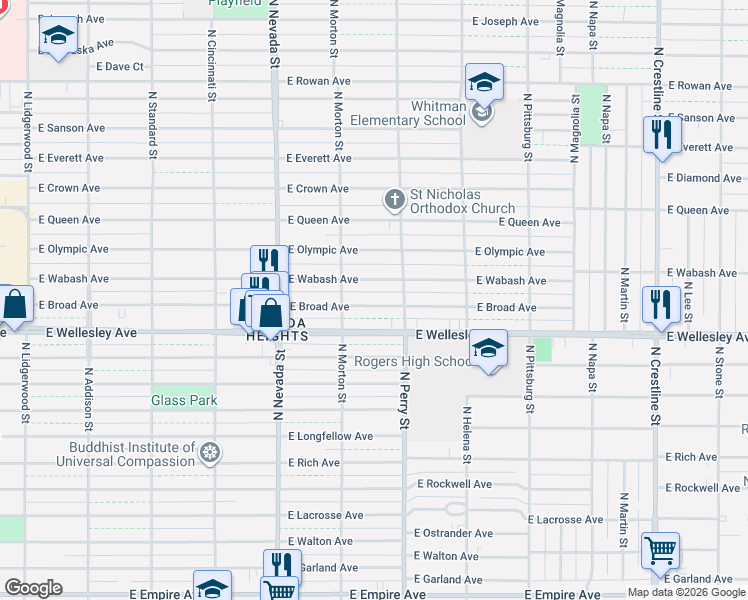 map of restaurants, bars, coffee shops, grocery stores, and more near 1217 East Broad Avenue in Spokane