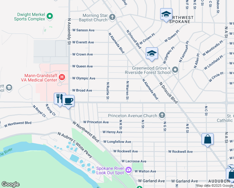 map of restaurants, bars, coffee shops, grocery stores, and more near 3915 West Broad Avenue in Spokane