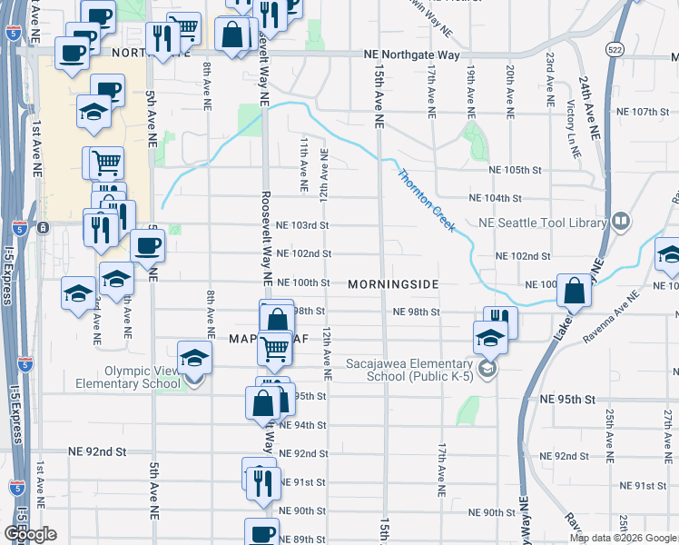 map of restaurants, bars, coffee shops, grocery stores, and more near 1208 Northeast 100th Street in Seattle