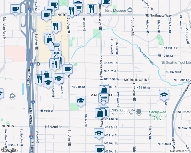 map of restaurants, bars, coffee shops, grocery stores, and more near 834 Northeast 100th Street in Seattle