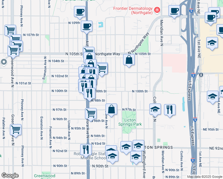 map of restaurants, bars, coffee shops, grocery stores, and more near 1306 North 100th Street in Seattle