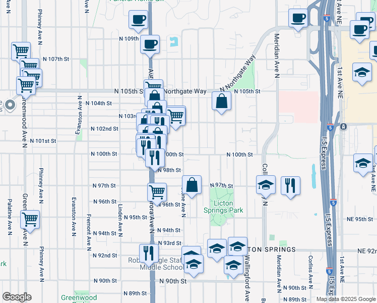 map of restaurants, bars, coffee shops, grocery stores, and more near 1306 North 100th Street in Seattle