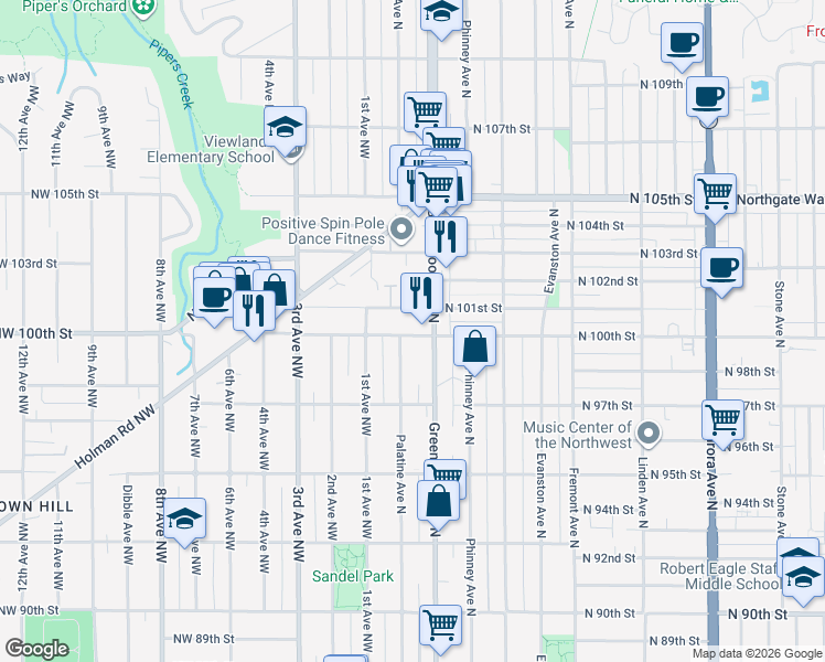 map of restaurants, bars, coffee shops, grocery stores, and more near 200 North 100th Street in Seattle
