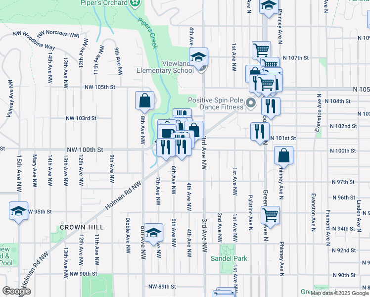 map of restaurants, bars, coffee shops, grocery stores, and more near in Seattle