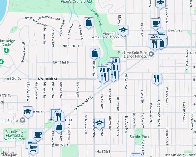 map of restaurants, bars, coffee shops, grocery stores, and more near 741 Northwest 100th Street in Seattle
