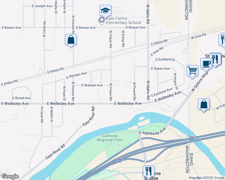 map of restaurants, bars, coffee shops, grocery stores, and more near 4916 North Chase Road in Otis Orchards-East Farms
