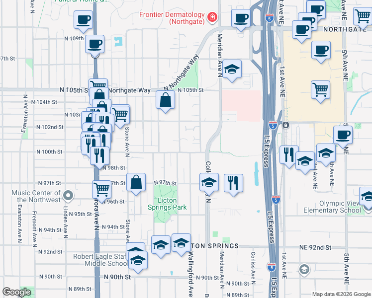 map of restaurants, bars, coffee shops, grocery stores, and more near 1710 North 100th Street in Seattle
