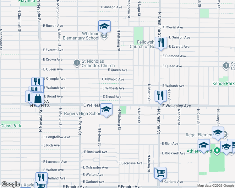 map of restaurants, bars, coffee shops, grocery stores, and more near 1703 East Broad Avenue in Spokane