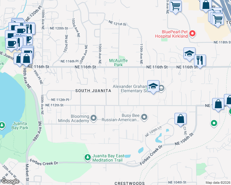 map of restaurants, bars, coffee shops, grocery stores, and more near 11241 108th Avenue Northeast in Kirkland