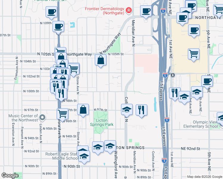 map of restaurants, bars, coffee shops, grocery stores, and more near 1710 North 100th Street in Seattle