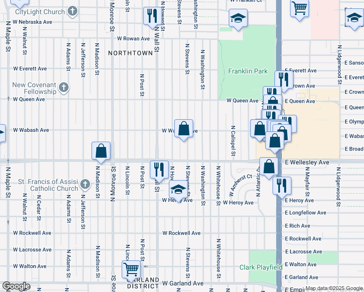 map of restaurants, bars, coffee shops, grocery stores, and more near 4727 North Stevens Street in Spokane