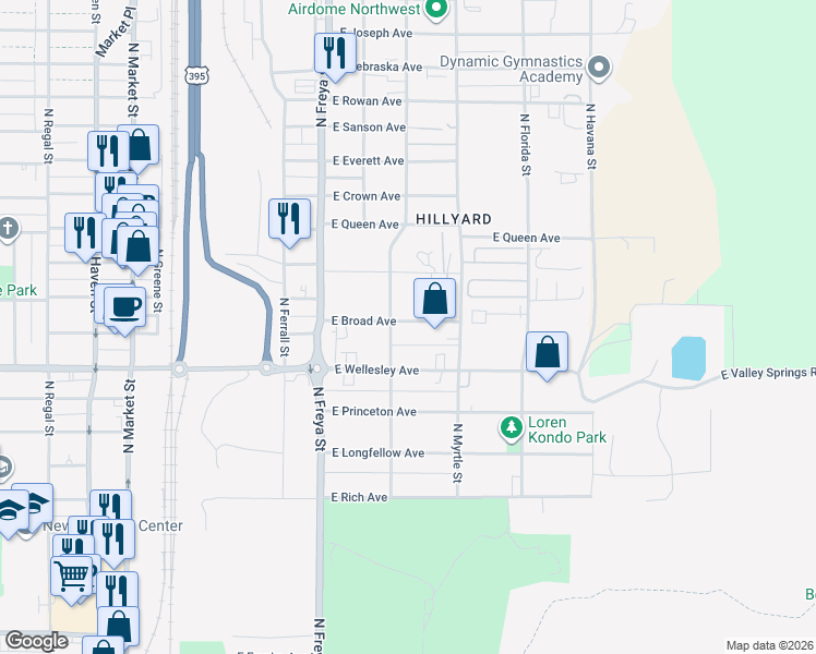 map of restaurants, bars, coffee shops, grocery stores, and more near 3814 East Broad Avenue in Spokane