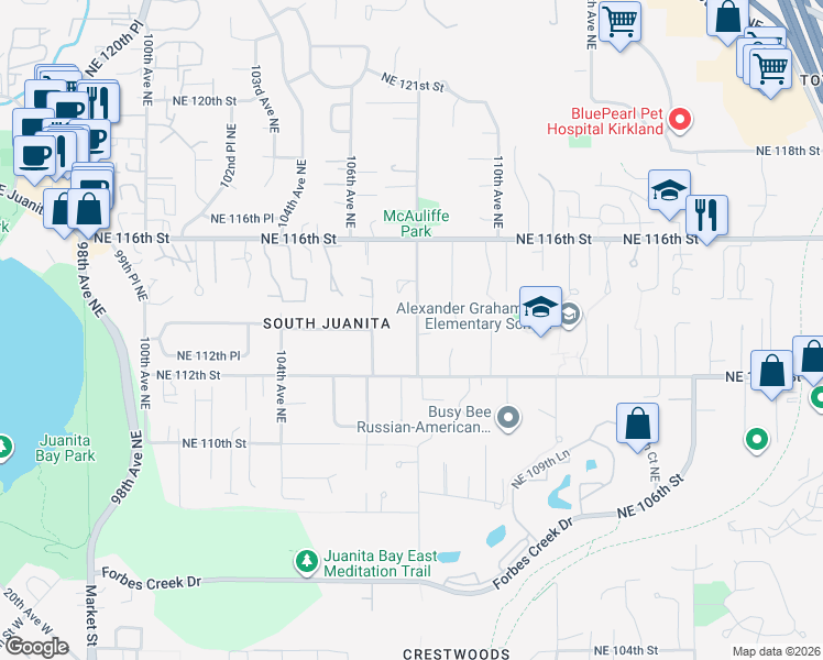 map of restaurants, bars, coffee shops, grocery stores, and more near 11241 108th Avenue Northeast in Kirkland