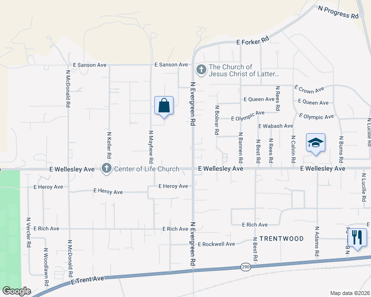 map of restaurants, bars, coffee shops, grocery stores, and more near 13823 East Broad Lane in Spokane Valley