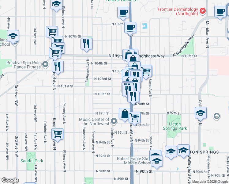 map of restaurants, bars, coffee shops, grocery stores, and more near 906 North 100th Street in Seattle