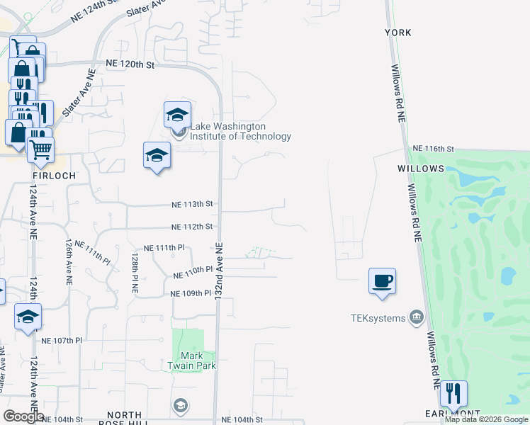 map of restaurants, bars, coffee shops, grocery stores, and more near 13377 Northeast 112th Place in Redmond
