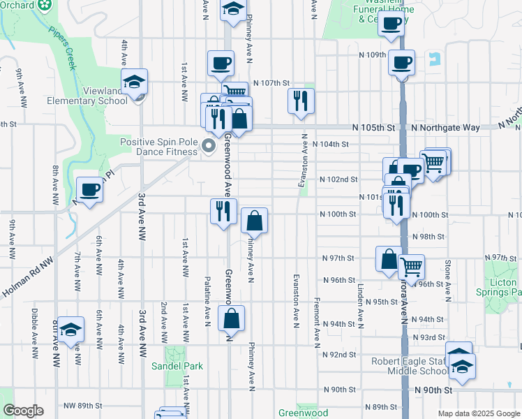 map of restaurants, bars, coffee shops, grocery stores, and more near 412 North 100th Street in Seattle