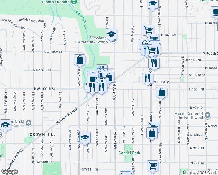 map of restaurants, bars, coffee shops, grocery stores, and more near 10000 Holman Road Northwest in Seattle