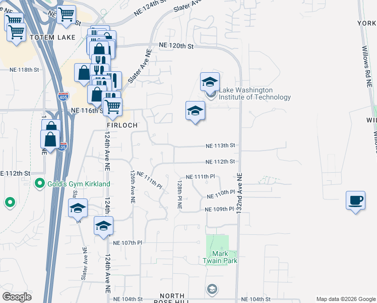 map of restaurants, bars, coffee shops, grocery stores, and more near 12827 Northeast 113th Street in Kirkland