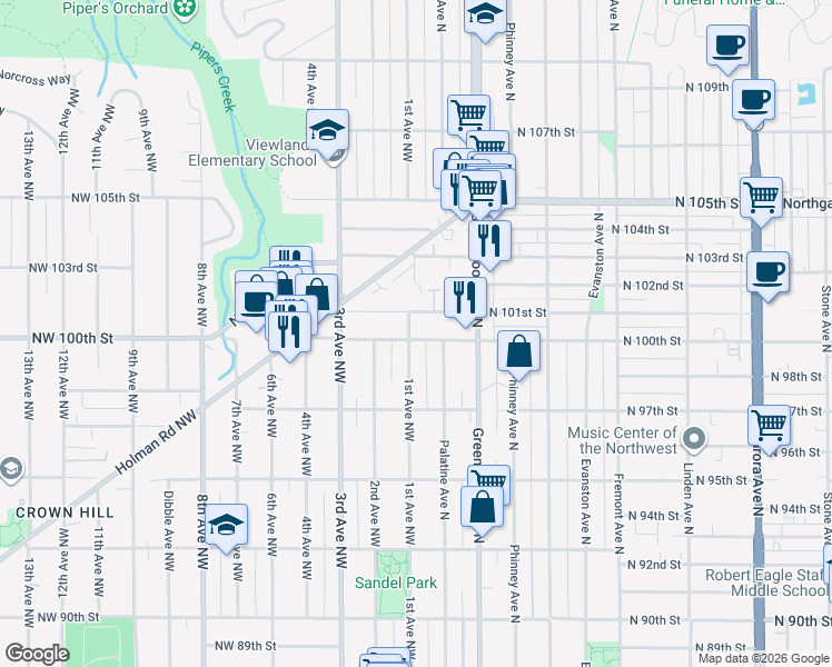 map of restaurants, bars, coffee shops, grocery stores, and more near 25668 1st Avenue Northwest in Seattle