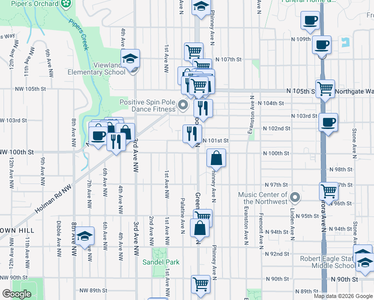 map of restaurants, bars, coffee shops, grocery stores, and more near 200 North 100th Street in Seattle