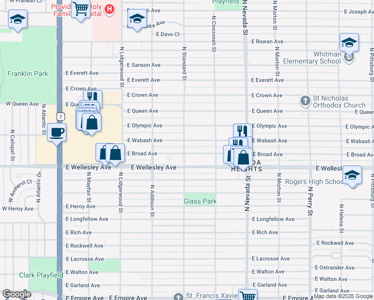 map of restaurants, bars, coffee shops, grocery stores, and more near 603 East Broad Avenue in Spokane