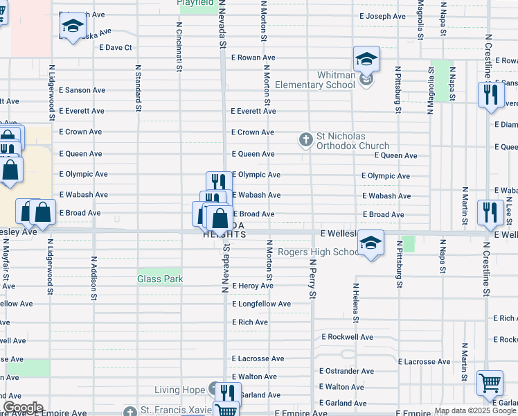 map of restaurants, bars, coffee shops, grocery stores, and more near 1119 E Broad Ave in Spokane