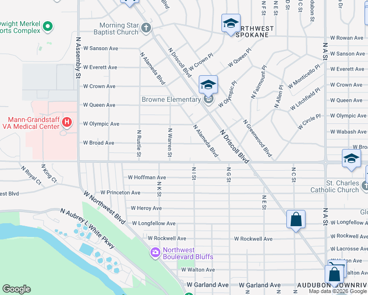 map of restaurants, bars, coffee shops, grocery stores, and more near 3711 West Broad Avenue in Spokane